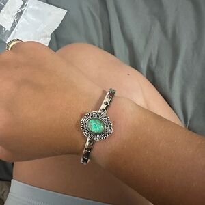 Stamped Silver Bracelet with confetti fire opal stone